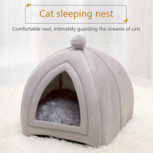 (S, Light Grey) Pet Bed House Semi-closed Cave Tent For Small Animals Removable Cushion Pad