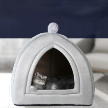 (L, Light Grey) Pet Bed House Semi-closed Cave Tent For Small Animals Removable Cushion Pad