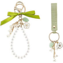 Lily Sakura Flower Keychain Set Pearl Bow Wristlet 2 Pcs