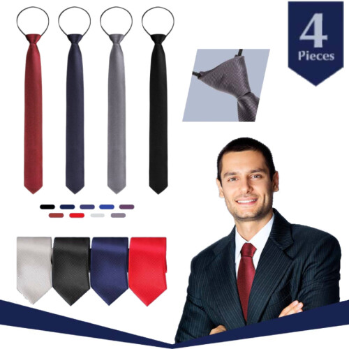 Men's Zipper Tie Adjustable Necktie Polyester 4 Pack