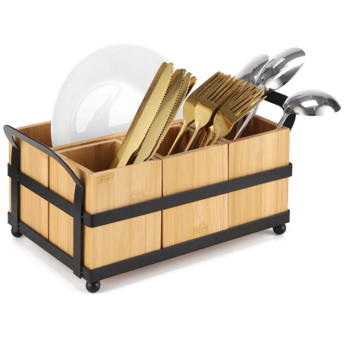 Wooden Cutlery Organizer with 4 Removable Compartments