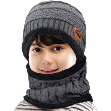 Kids Winter Knitted Hat and Fleece Scarf Set Grey Size 5-10