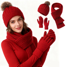 Women's Winter Knit Set: Hat Scarf Gloves 3-Piece