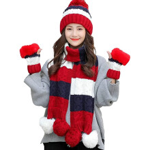 Women's Knit Winter Hat Scarf and Gloves Set Bear Design
