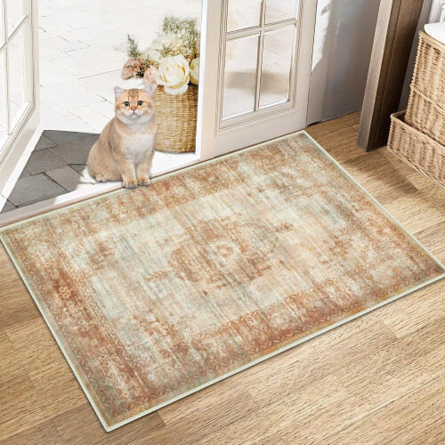 Beige Vintage Boho Area Rug 2X3 ft Machine Washable