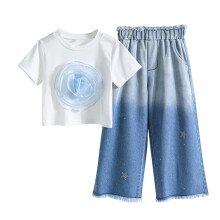 Girls 2 Piece Cotton Set Floral Top and Wide Leg Pants Size