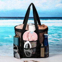 (black) Mesh Beach Bag Tote Travel Toiletry Organizer for Gym Swim 8 Pocket Beach Bag Large Capacity Waterproof