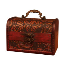 Vintage wooden jewelry box with metal lock and pearl ring