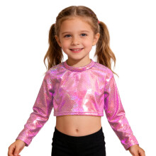 Girls Long Sleeve Cropped Top Shiny Glitter Sleeves Hot