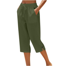 Women's Army Green Cotton Capri Pants with Drawstring Waist