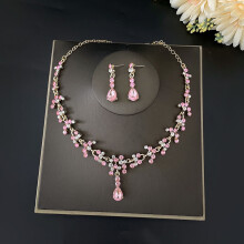 Pink Rhinestone Necklace and Earrings Set for Women Wedding