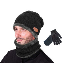 Knitted Beanie Hat Scarf Gloves Set Black Unisex