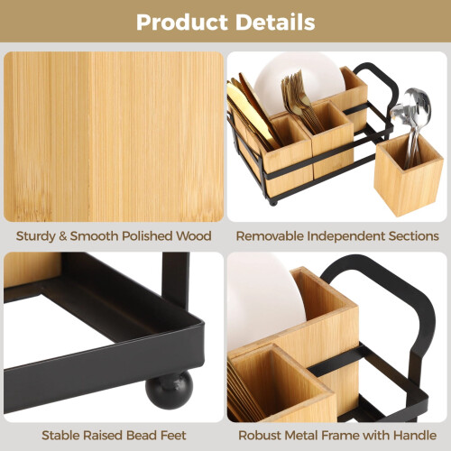 Wooden Cutlery Organizer with 4 Removable Compartments 2