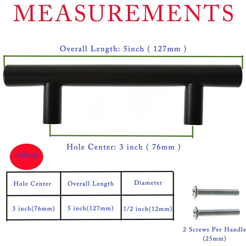 Cabinet Pulls Matte Black 5 Inch 3-Hole 30-Pack 1