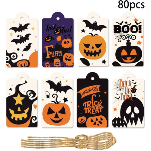 Halloween Tags with String 80 Pcs 8 Designs