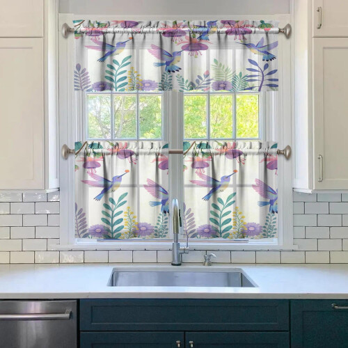 Purple Flower Bird Kitchen Curtains Set 3 pcs 2