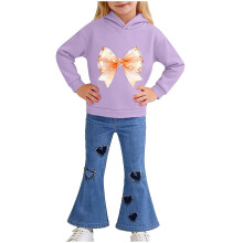 Purple Bow Print Hoodie and Flare Jeans Set for Kids Size