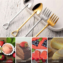 16 Pieces Shovel Spoon Fork Shovel Coffee Spoon Shovel Handle Dessert Spoon Ice Cream Spoon Shovel Shape Fork (Gold)