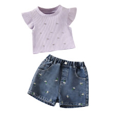 Girls' 2-Piece Set Purple Ruffle Top and Floral Shorts 3-4T