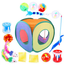 Cat-Toys 15PC Toys Set Interactive Cat-Toys for Indoor Cat-with Collapsible Cat-Tent Tunnel Interactive Cat-Feather ToyA