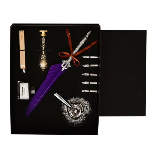 Quill Pen Set with Purple Heart-shaped Holder 1