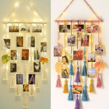 Boho Wooden Bead Garland with String Lights Pink