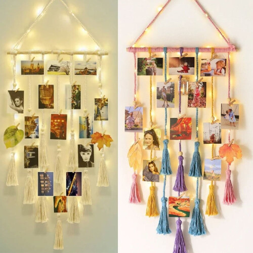 Boho Wooden Bead Garland with String Lights Pink