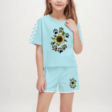 Girls Sunflower Checkered Sleeve Outfit Set Green Size 5-14