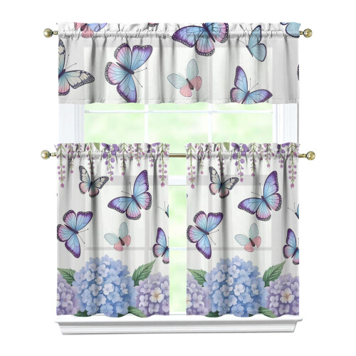 Kitchen Curtain Valance Set Butterflies Purple Hydrangeas