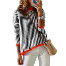 Jersey de rayas para mujer Algodón Cuello redondo Cálido Negro Blanco M — ropa mujer, suéter algodón, blusa rayas