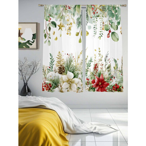 Christmas Sheer Curtains Green Eucalyptus Red Flowers Pine 2