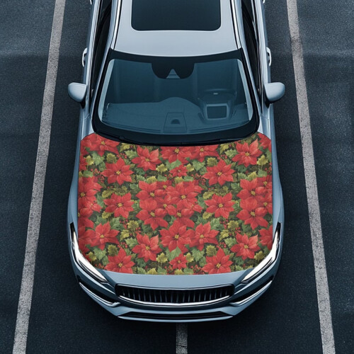 Polyester Car Hood Cover Stretchable Poinsettia Design