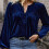 Women's V-Neck Long Sleeve Pullover Top Blue XXXL 1
