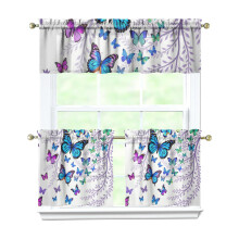 Kitchen Curtains Set Purple Branches Butterflies 3-Pc