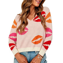 Trui voor Dames Lip Pullover Truien Schattige Lippen Lange Mouwen V-Hals Casual Truien Top Abrikozenkleur XL
