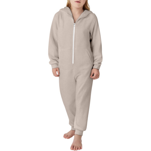 Children's Hooded Zip-Up Onesie with Pockets, Solid Color, 2