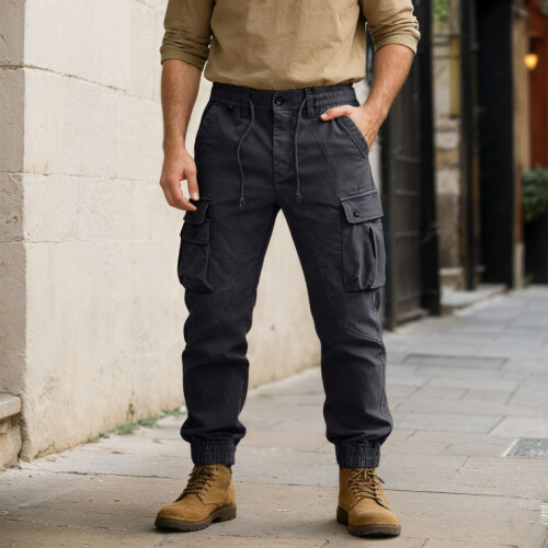 Men's Cargo Pants Solid Color Work Trousers with Pockets 1