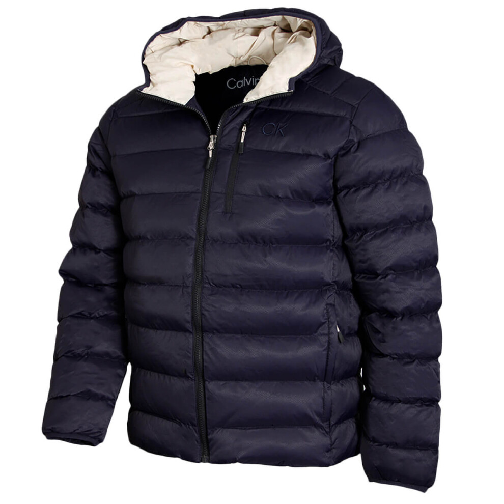 Calvin Klein (M, Navy Dark Parchment) Mens 2026 San Gabriel Padded Woven Jacquard Jacket