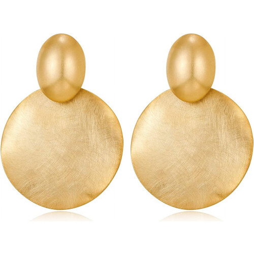Gold Drop Earrings Round Hammered Disc Dangle
