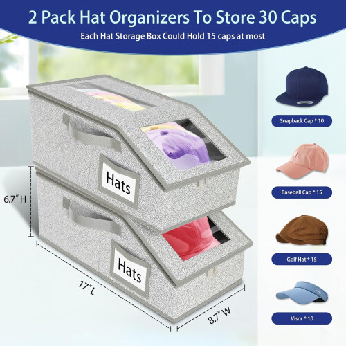 Stackable Baseball Cap Storage Box Gray 2-Pack 1