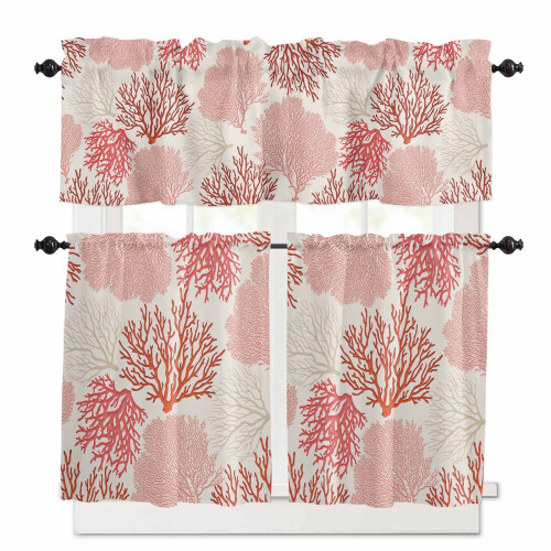 Coral Kitchen Curtains and Valances Set Red Pink Rod Pocket