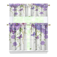 Purple Flower Butterfly Kitchen Curtain Valance Set 3 pcs