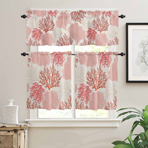 Coral Kitchen Curtains and Valances Set Red Pink Rod Pocket 1