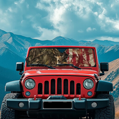 Forest Deer USA Flag Windshield Sunshade for Jeep Wrangler 2