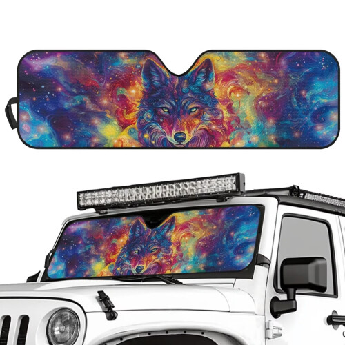 Foldable Windshield Sun Shade Galaxy Wolf Print for Jeep 1
