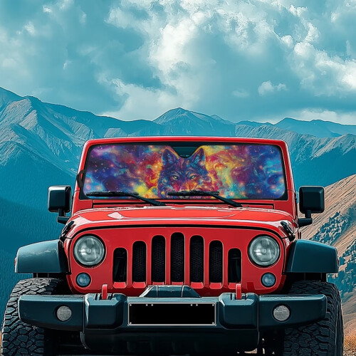 Foldable Windshield Sun Shade Galaxy Wolf Print for Jeep 2