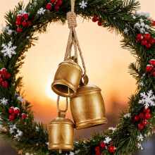 Vintage Gold Metal Christmas Bells with Velvet Rope 3 pcs