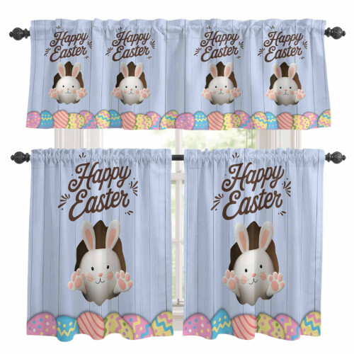 Easter Kitchen Curtains and Valance Set Blue Rod Pocket