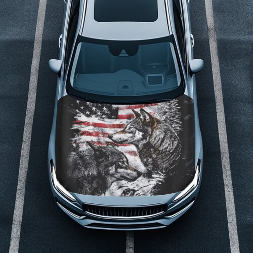 American Flag Wolf Car Hood Cover Stretch Protector