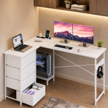 Levede Corner Desk L Shaped with Drawers Power Outlet Office Gaming Wood White